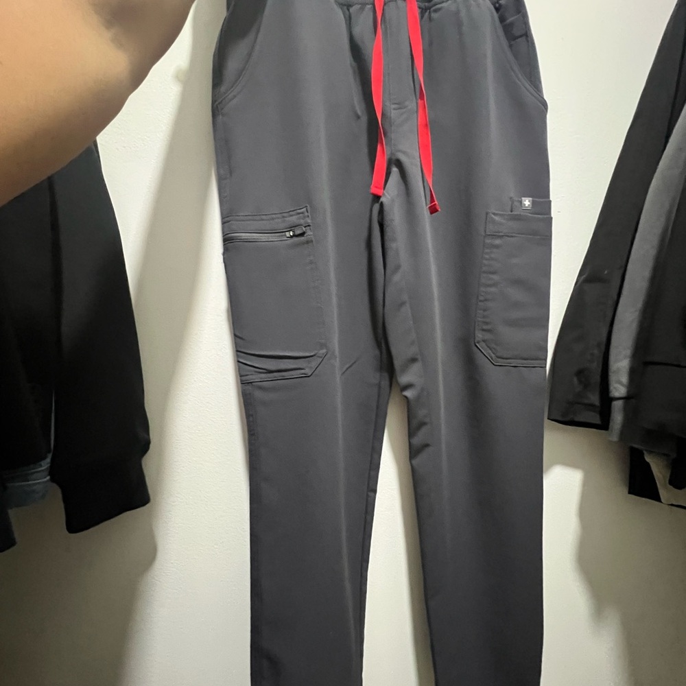 FIGS Women’s Charcoal Yola High Waisted Scrub Pants with Red Drawstring
